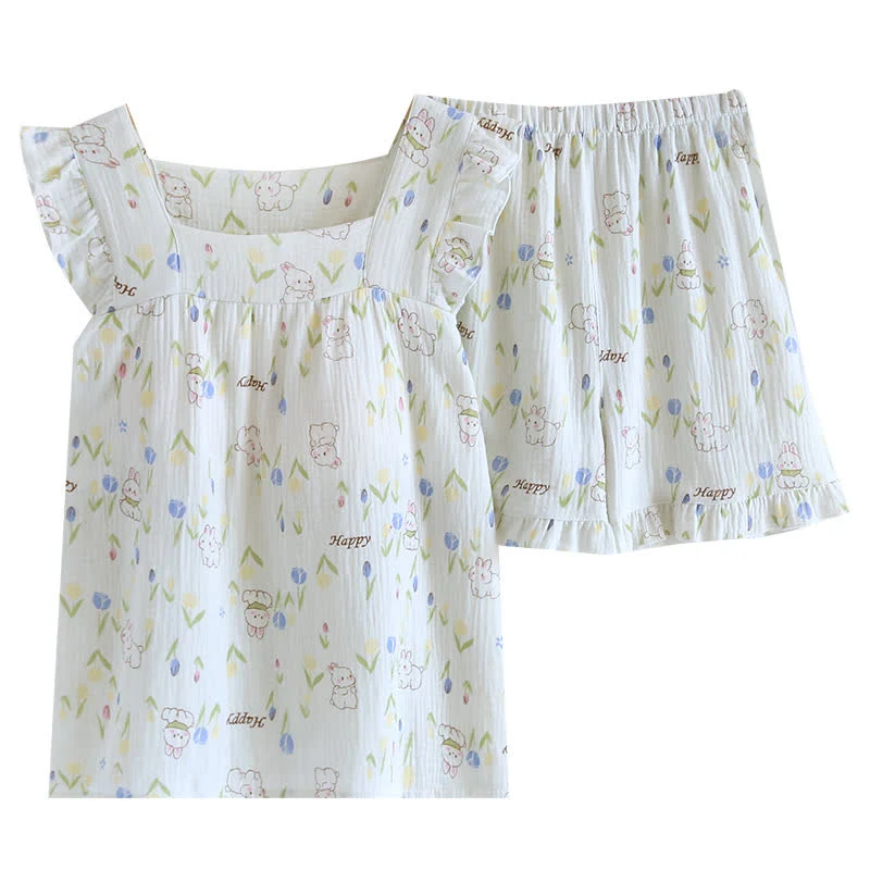 Loungewear-Set mit geblümtem Kaninchen-Print und Flatterärmeln