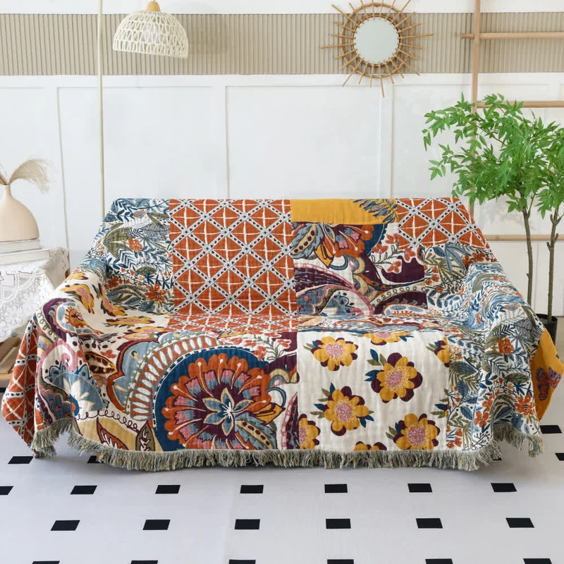 Wendesteppdecke aus Baumwollgaze mit Blumenmuster im Ethno-Stil