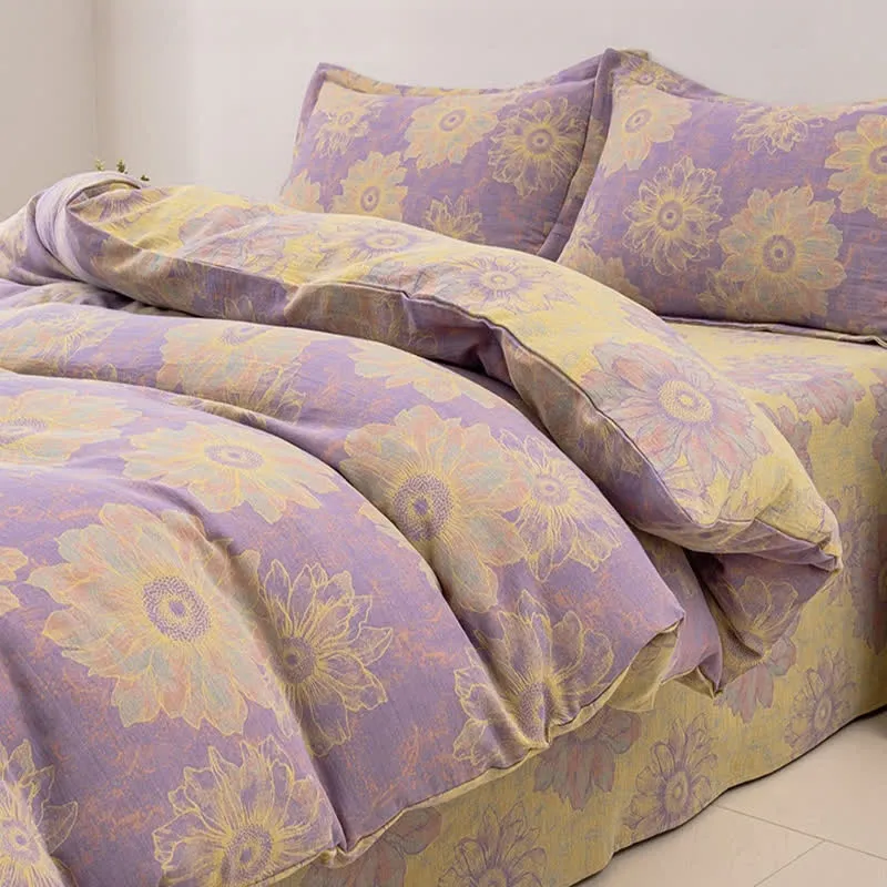 Wendebettwäscheset aus Baumwollgaze mit Jacquard-Blumenmuster (4-teilig)