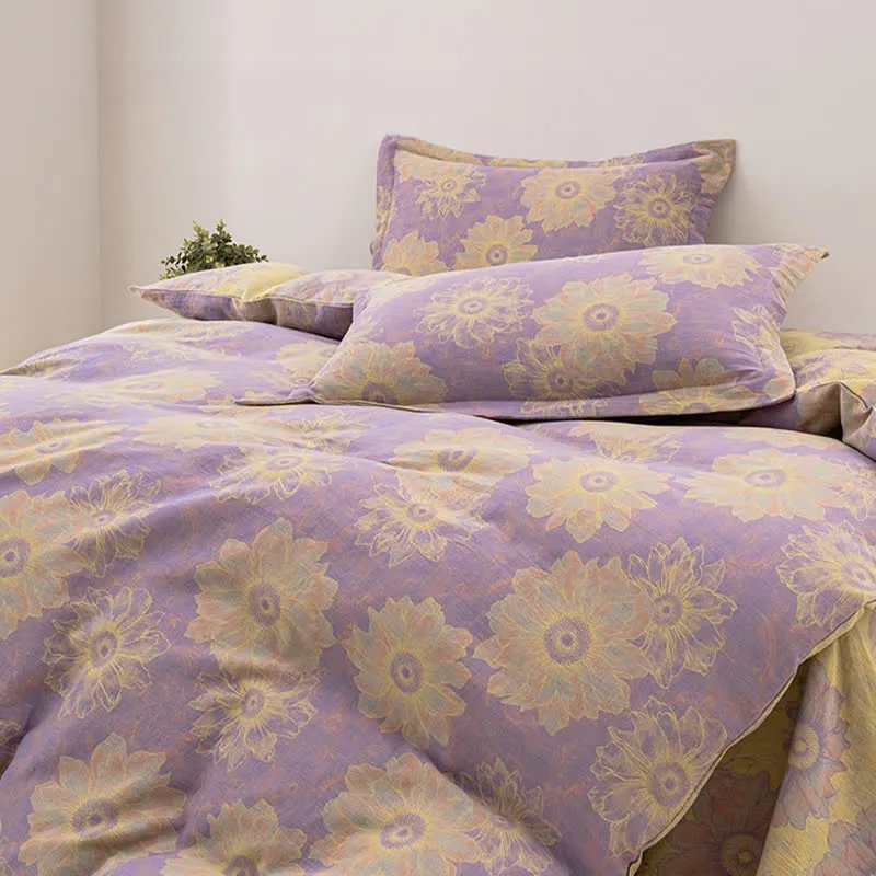 Wendebettwäscheset aus Baumwollgaze mit Jacquard-Blumenmuster (4-teilig)