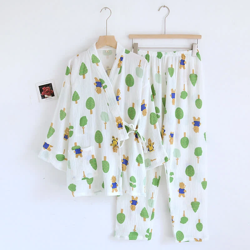 Pyjama-Set aus Baumwollgaze mit Baum- und Bären-Print
