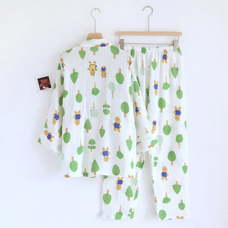 Pyjama-Set aus Baumwollgaze mit Baum- und Bären-Print