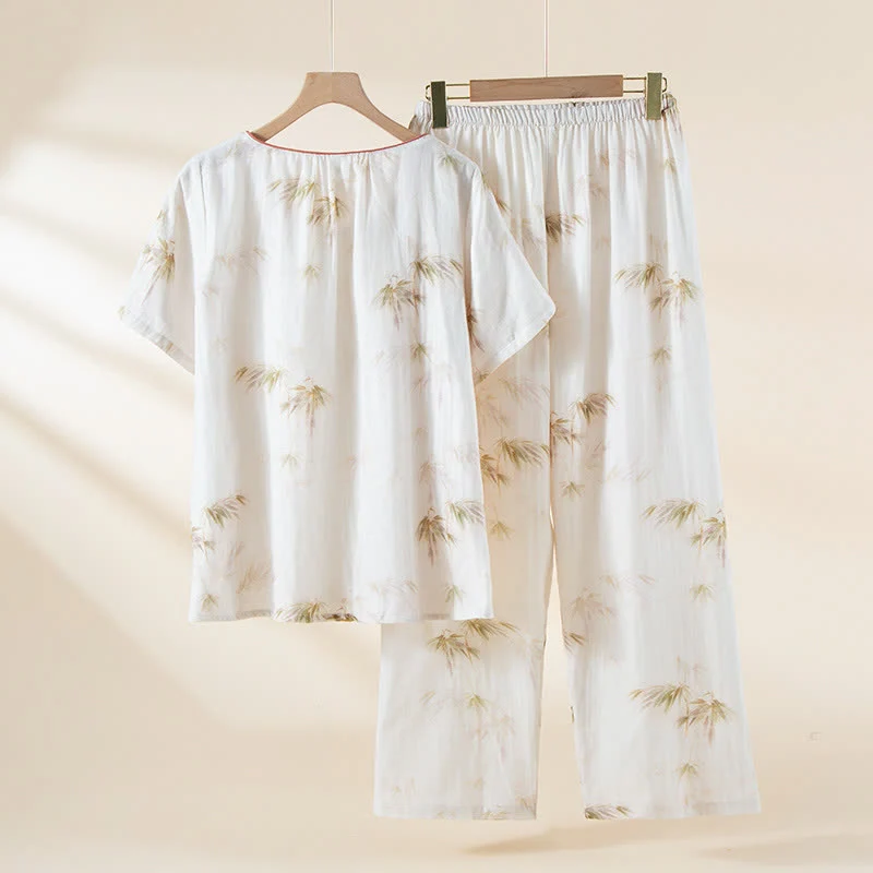 Loungewear-Set aus Baumwollgaze mit Vintage-Bambusdruck und Perlenknöpfen