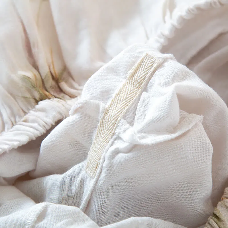 Loungewear-Set aus Baumwollgaze mit Vintage-Bambusdruck und Perlenknöpfen