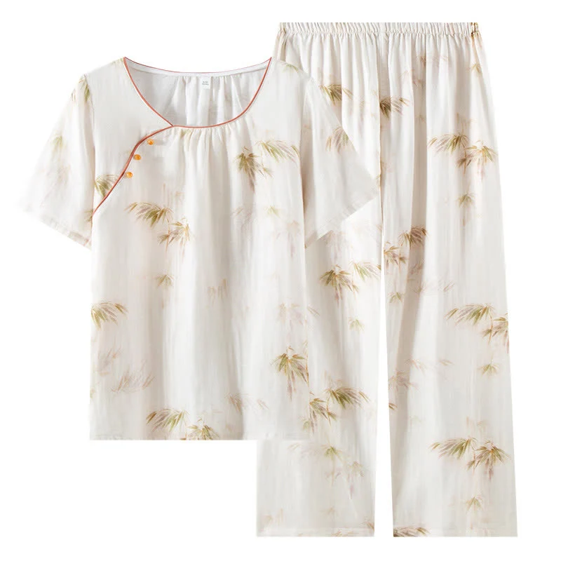 Loungewear-Set aus Baumwollgaze mit Vintage-Bambusdruck und Perlenknöpfen