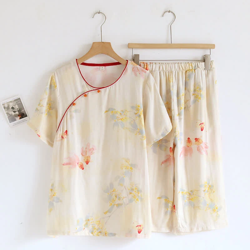Kurzarm-Pyjama-Set aus Bambusfaser mit Koi-Blumenmuster
