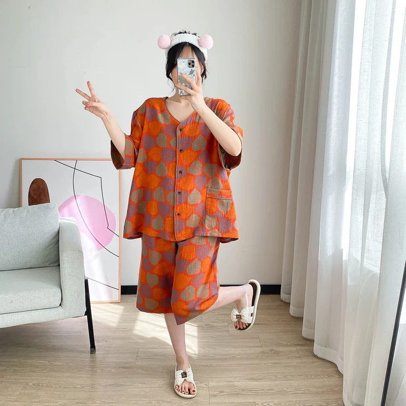 Loungewear-Set mit kurzen Ärmeln und Vintage-Jacquardmuster in Übergröße
