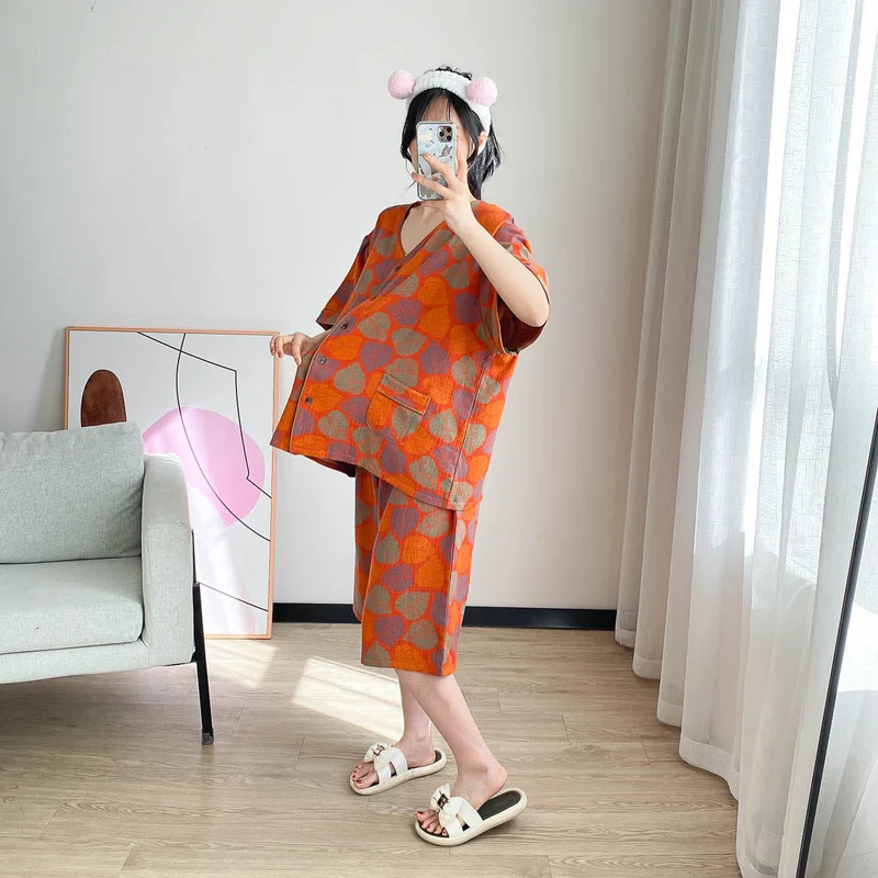 Loungewear-Set mit kurzen Ärmeln und Vintage-Jacquardmuster in Übergröße