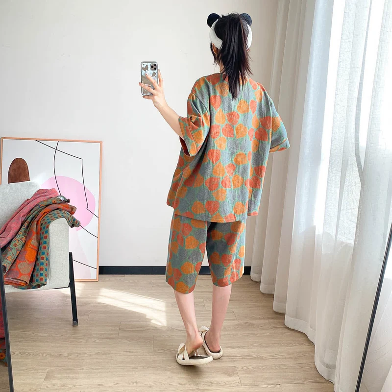 Loungewear-Set mit kurzen Ärmeln und Vintage-Jacquardmuster in Übergröße