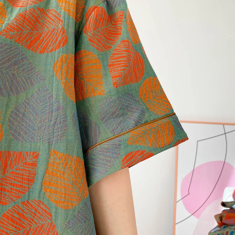 Loungewear-Set mit kurzen Ärmeln und Vintage-Jacquardmuster in Übergröße