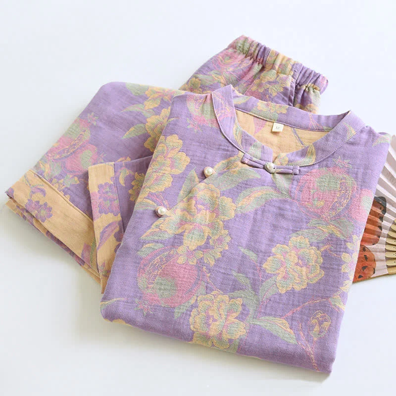 Retro-Loungewear-Set aus garngefärbter Baumwolle mit kurzen Ärmeln
