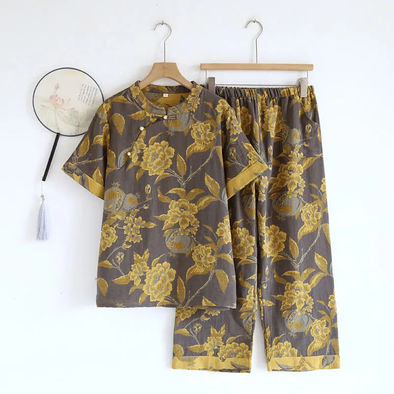 Retro-Loungewear-Set aus garngefärbter Baumwolle mit kurzen Ärmeln