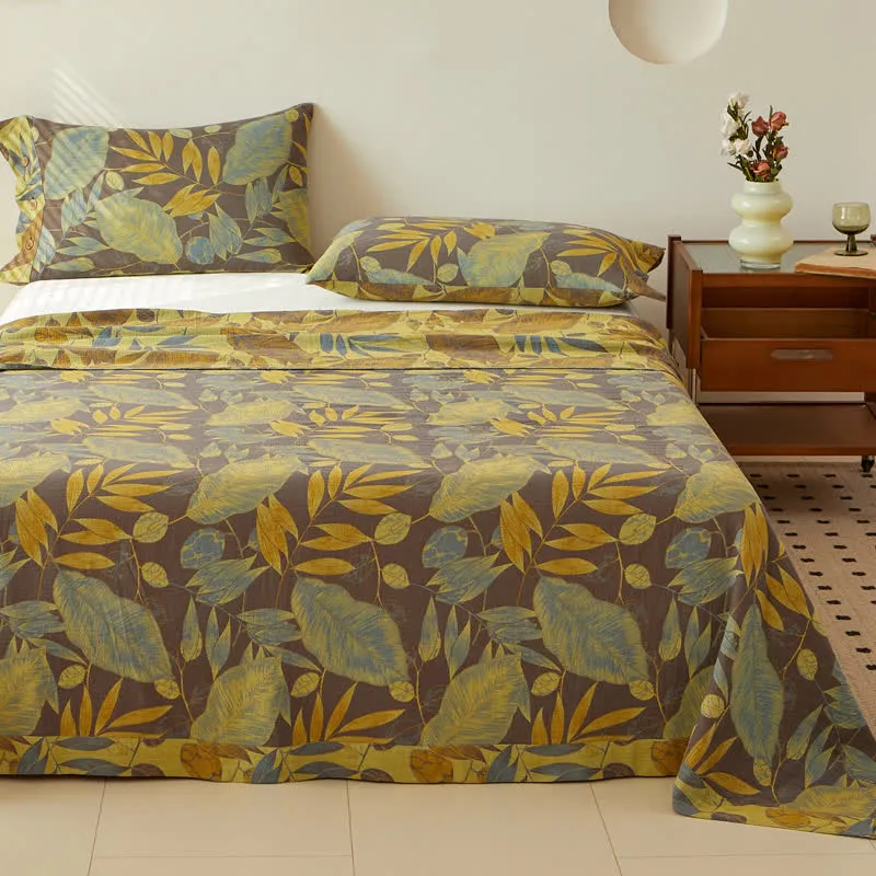Wende-Bettdecke aus doppellagigem, garngefärbtem Jacquard aus Baumwolle mit Blättern