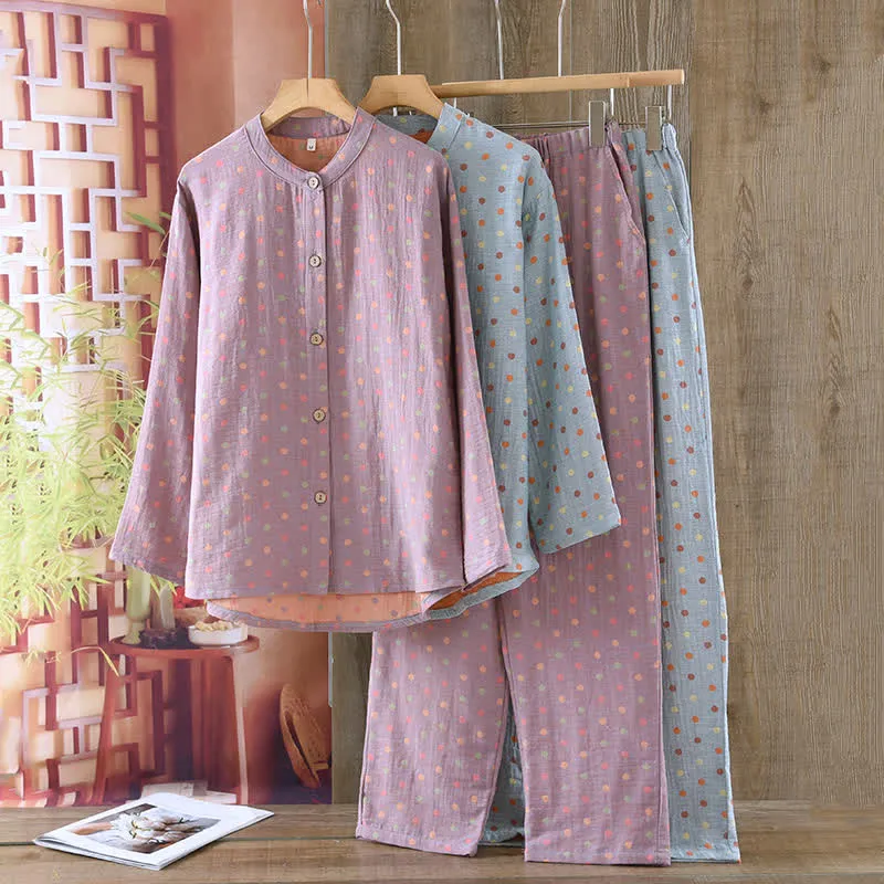 Buntes, garngefärbtes Pyjama-Set aus Baumwolle im Vintage-Stil mit Kreisen