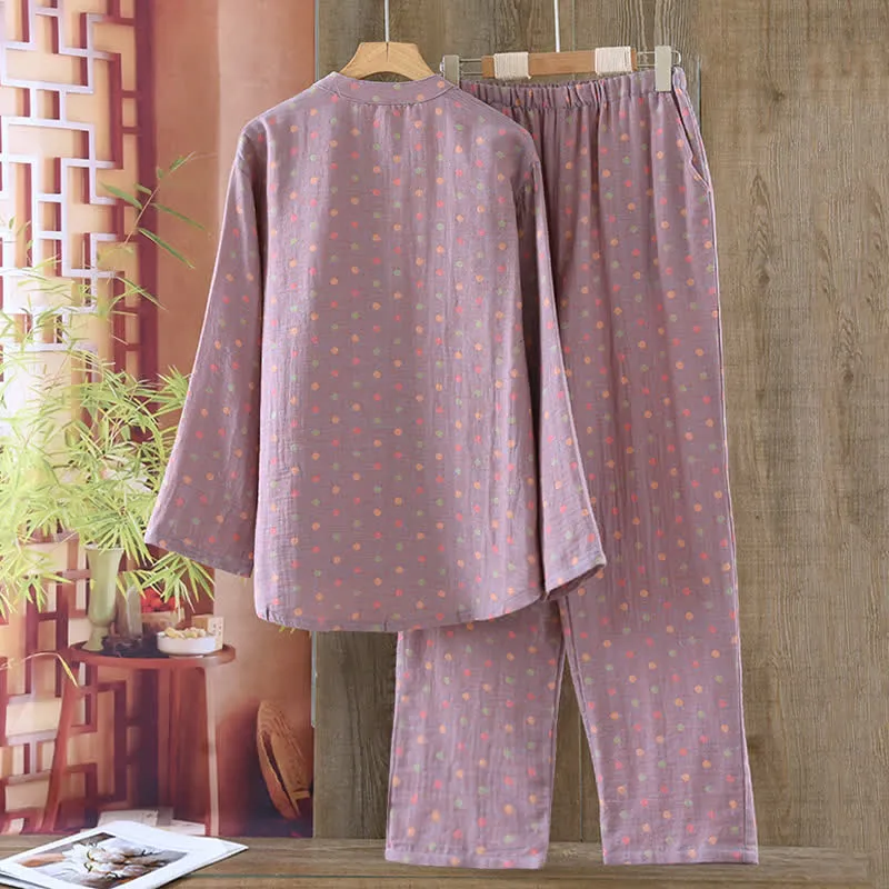 Buntes, garngefärbtes Pyjama-Set aus Baumwolle im Vintage-Stil mit Kreisen