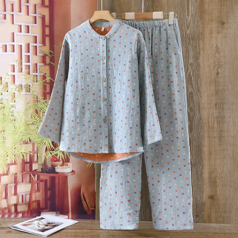 Buntes, garngefärbtes Pyjama-Set aus Baumwolle im Vintage-Stil mit Kreisen