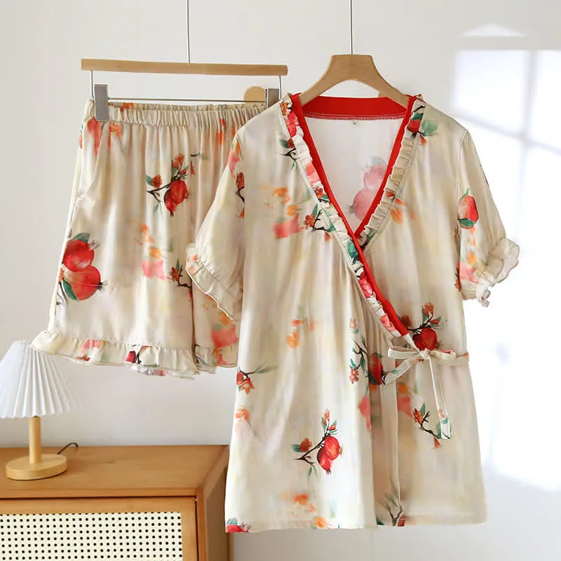 Kurzärmliges Pyjama-Set aus Baumwolle mit überkreuzten Trägern und Granatapfel-Print