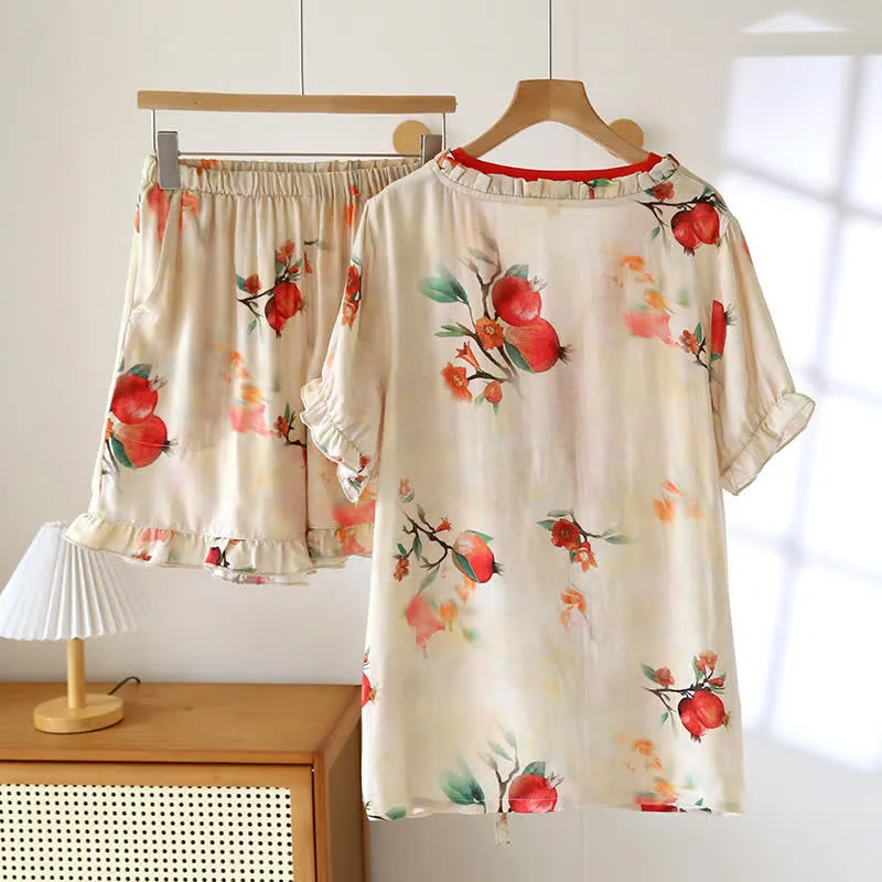 Kurzärmliges Pyjama-Set aus Baumwolle mit überkreuzten Trägern und Granatapfel-Print