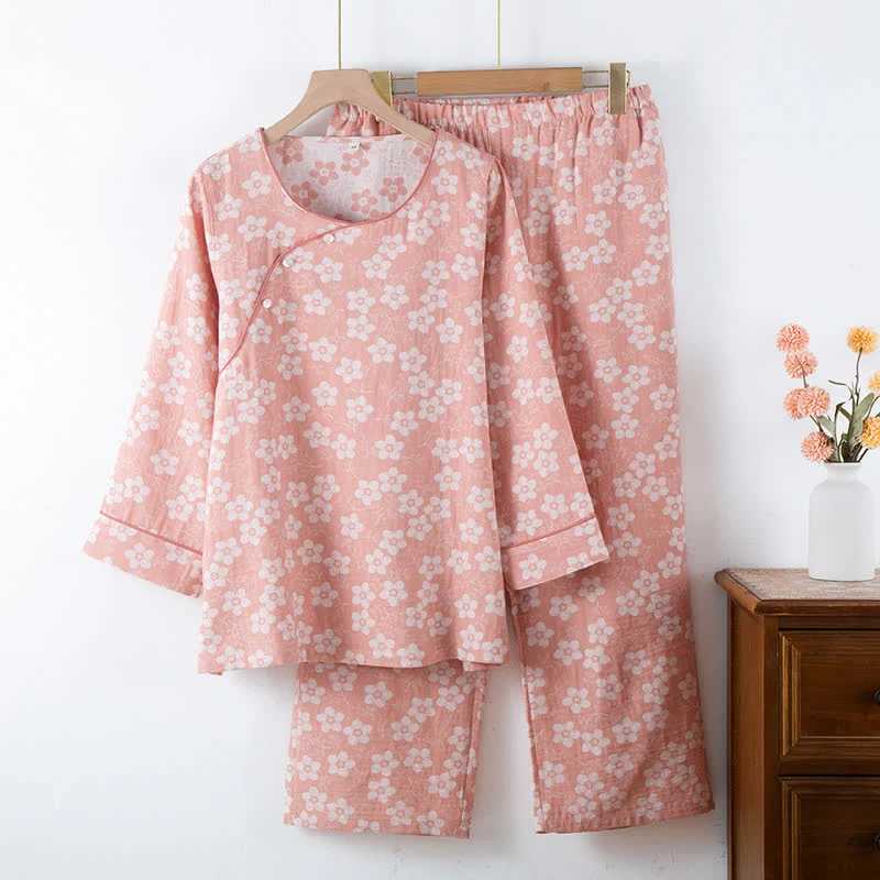 Retro-Pyjama-Set aus garngefärbtem Baumwolljacquard mit Blumenmuster