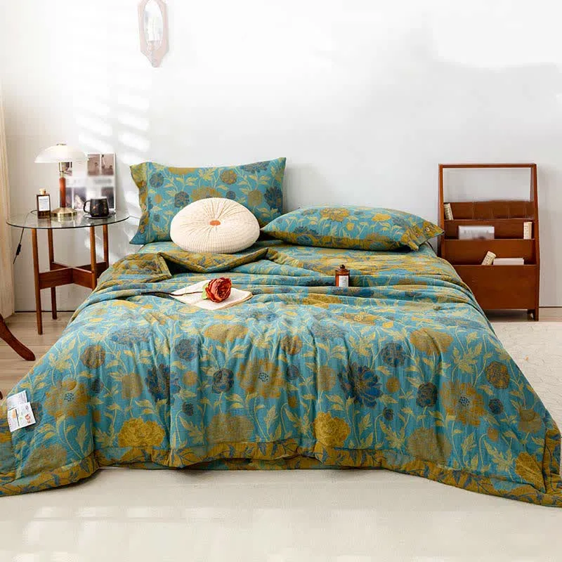 Luxuriöse doppellagige Sommersteppdecke aus Baumwolle mit Blumenmuster im Jacquard-Stil