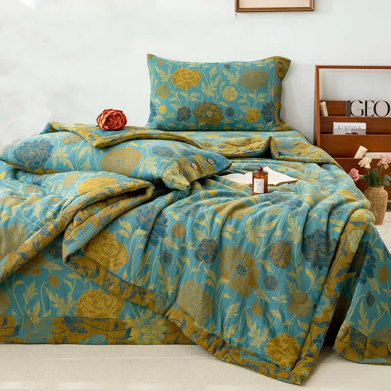 Luxuriöse doppellagige Sommersteppdecke aus Baumwolle mit Blumenmuster im Jacquard-Stil
