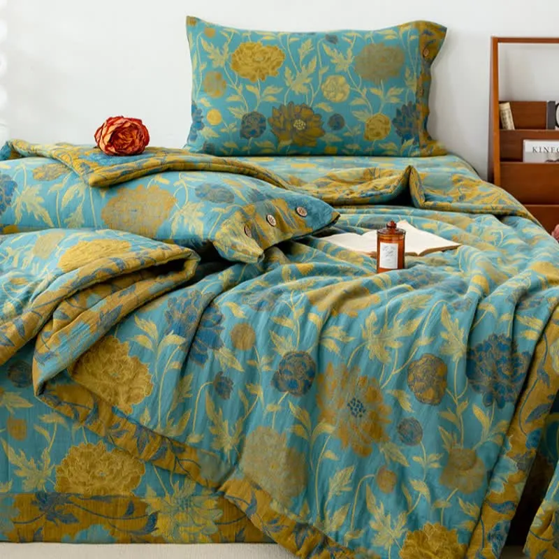 Luxuriöse doppellagige Sommersteppdecke aus Baumwolle mit Blumenmuster im Jacquard-Stil