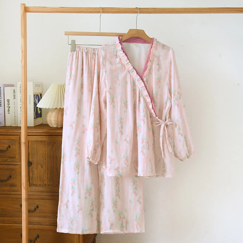 Rosa Pyjama-Set aus Bambusfaser mit Blumenmuster