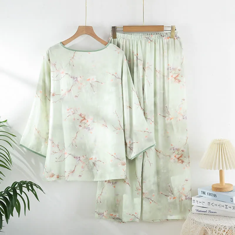 Pflaumenblüten-Pyjama-Set aus Bambusfaser