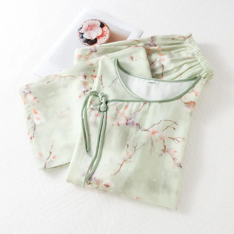 Pflaumenblüten-Pyjama-Set aus Bambusfaser