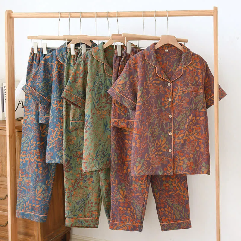 Kurzärmeliges Loungewear-Set aus garngefärbter Baumwolle im Jacquard-Stil (3-teilig)