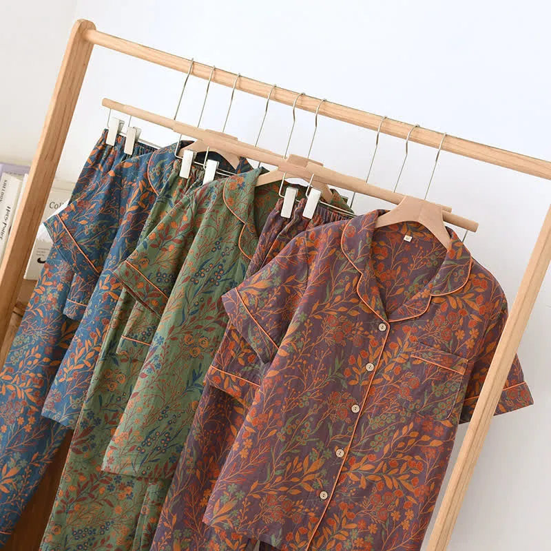 Kurzärmeliges Loungewear-Set aus garngefärbter Baumwolle im Jacquard-Stil (3-teilig)