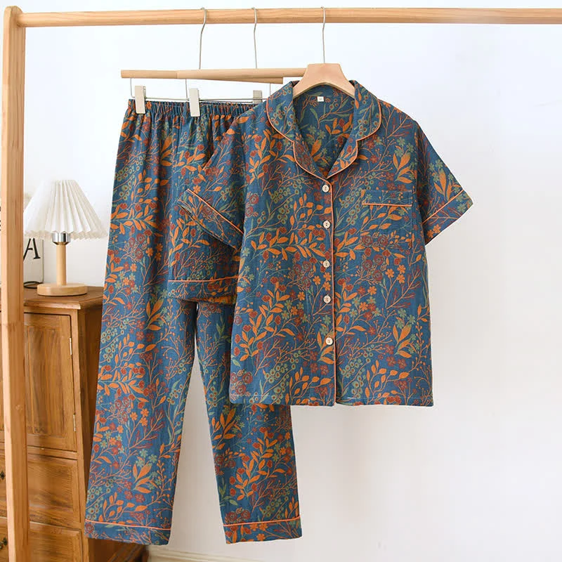 Kurzärmeliges Loungewear-Set aus garngefärbter Baumwolle im Jacquard-Stil (3-teilig)