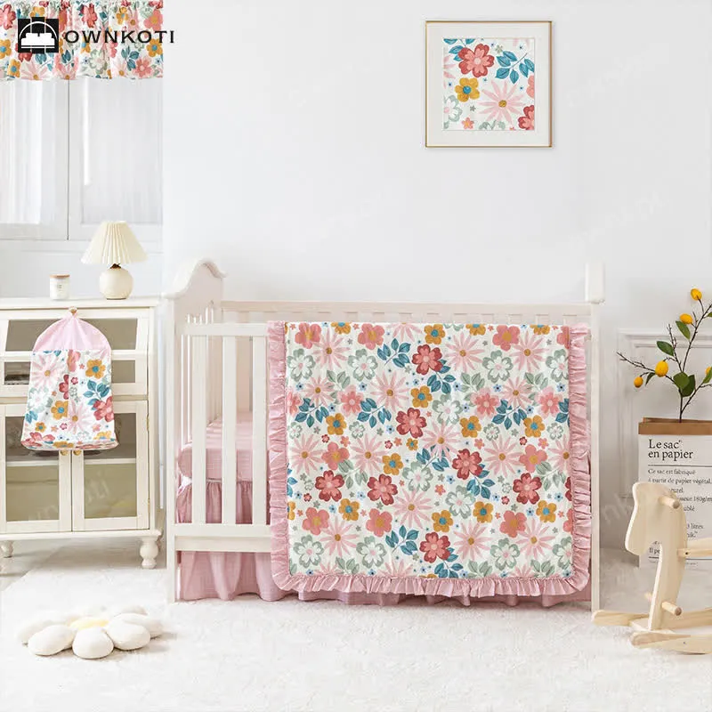 Mädchenhaftes rosafarbenes Babybett-Bettwäscheset aus Baumwolle (3-teilig)