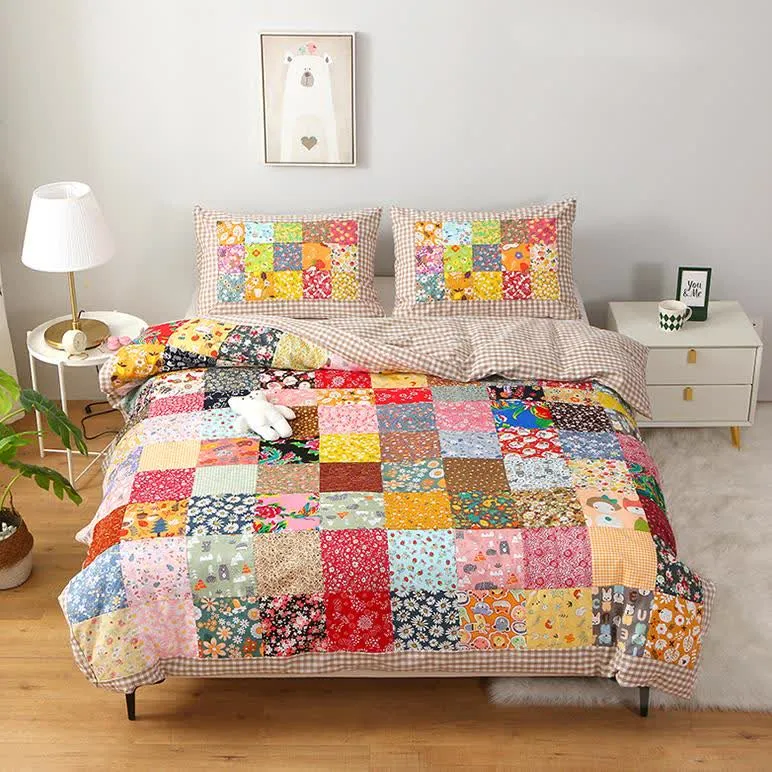 Patchwork-Babydecke aus reiner Baumwolle mit Karomuster