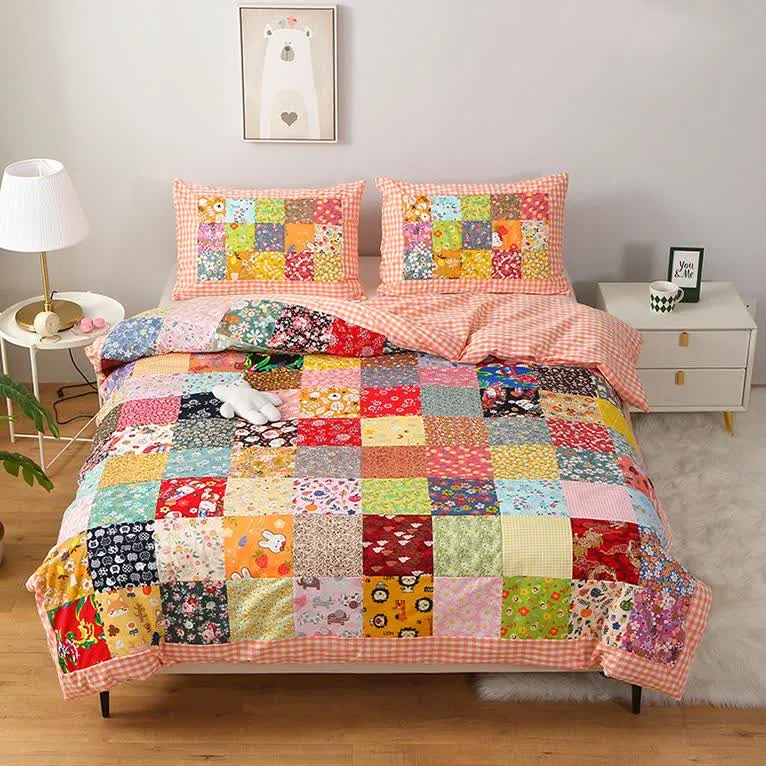 Patchwork-Babydecke aus reiner Baumwolle mit Karomuster