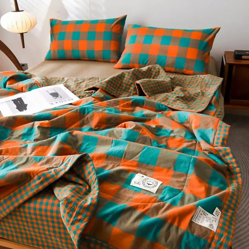 Garngefärbte karierte Vintage-Bettwäsche aus reiner Baumwolle