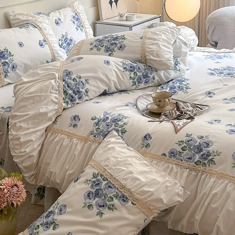 Bettbezug-Set aus Baumwolle mit Bettvolant (4-teilig)