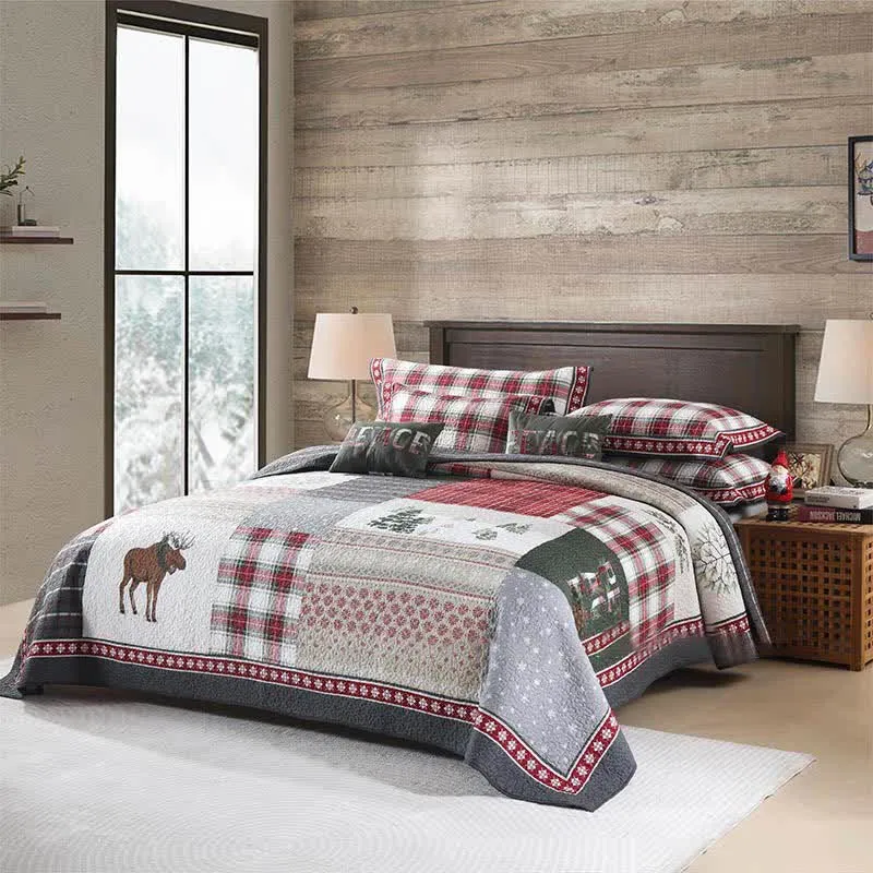 Weihnachts-Patchwork-Bettwäscheset aus gesteppter Baumwolle (3-teilig)