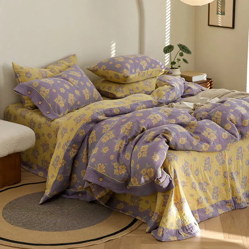 Jacquard-Bettwäscheset aus Baumwollgaze mit Blumenmuster und Knöpfen (4-teilig)