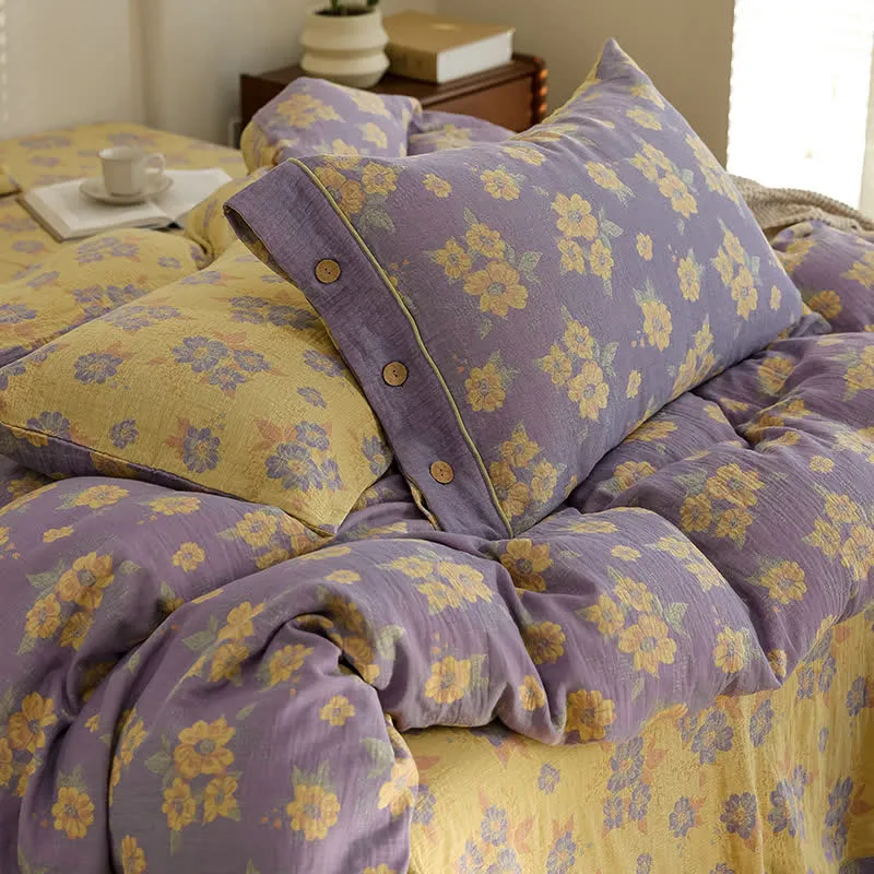 Jacquard-Bettwäscheset aus Baumwollgaze mit Blumenmuster und Knöpfen (4-teilig)