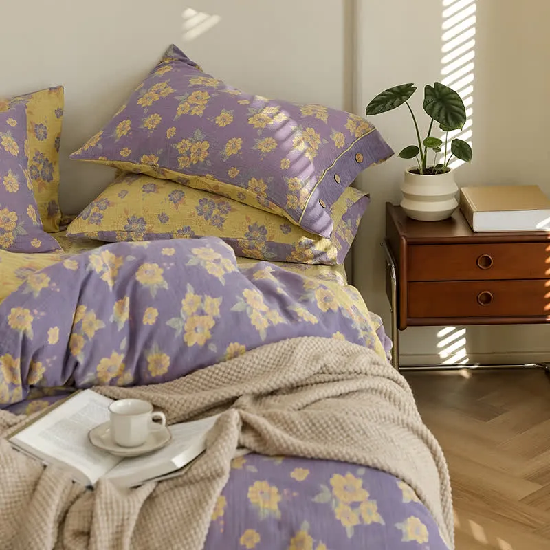 Jacquard-Bettwäscheset aus Baumwollgaze mit Blumenmuster und Knöpfen (4-teilig)