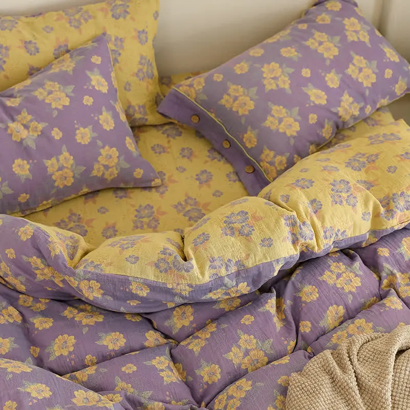Jacquard-Bettwäscheset aus Baumwollgaze mit Blumenmuster und Knöpfen (4-teilig)