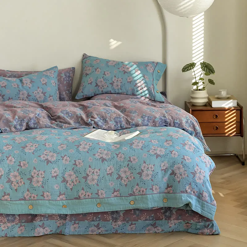 Jacquard-Bettwäscheset aus Baumwollgaze mit Blumenmuster und Knöpfen (4-teilig)