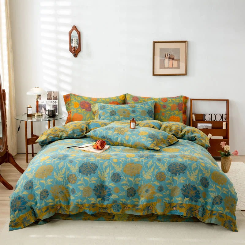 Retro-Bettwäsche-Set aus Baumwolle mit Blumen und Blättern (4-teilig)