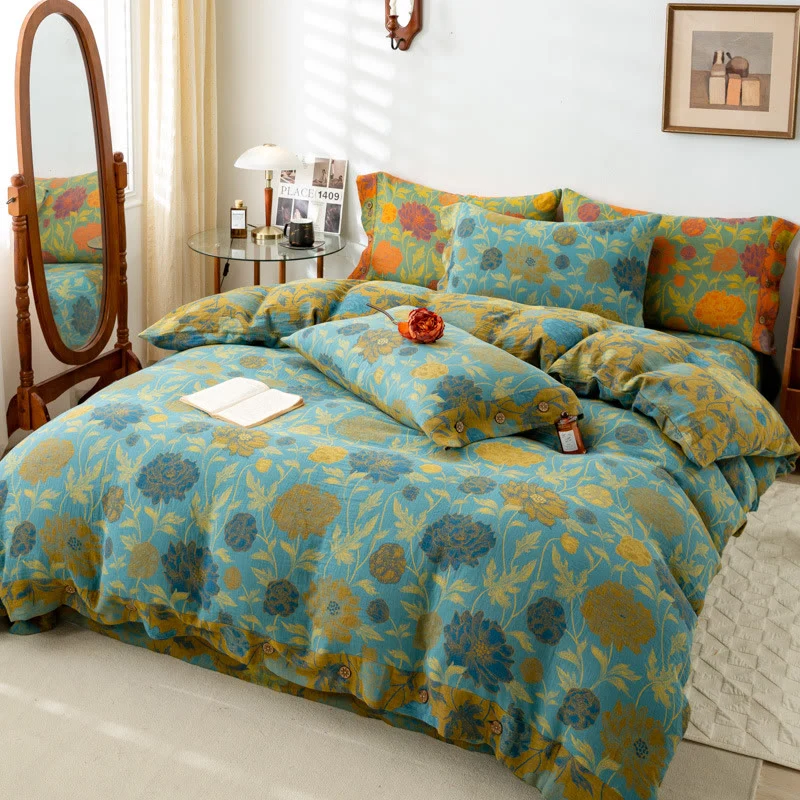 Retro-Bettwäsche-Set aus Baumwolle mit Blumen und Blättern (4-teilig)