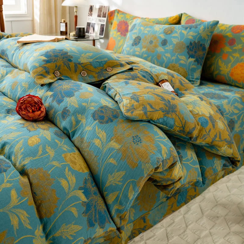 Retro-Bettwäsche-Set aus Baumwolle mit Blumen und Blättern (4-teilig)