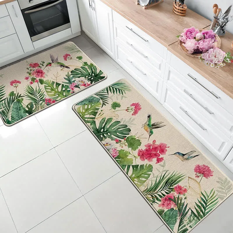 Küchenbodenmatte im Frühlingspastoralstil mit Blumenpflanzen