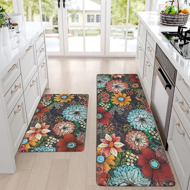 Küchenbodenmatte im Frühlingspastoralstil mit Blumenpflanzen