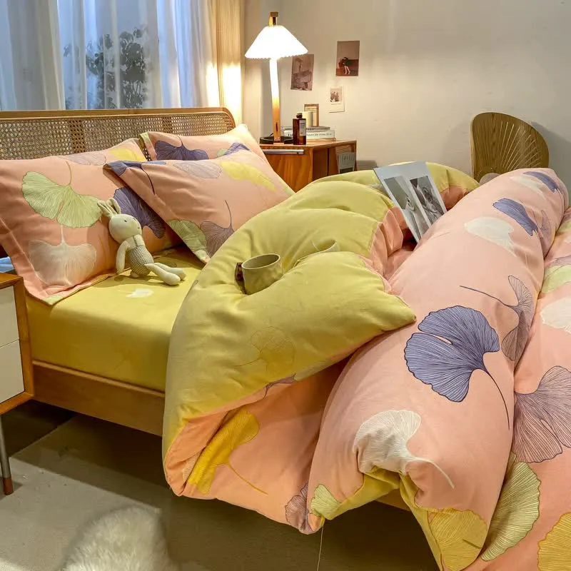 Bettwäsche aus gebürsteter Baumwolle mit Ginkgoblättern im Landhausstil