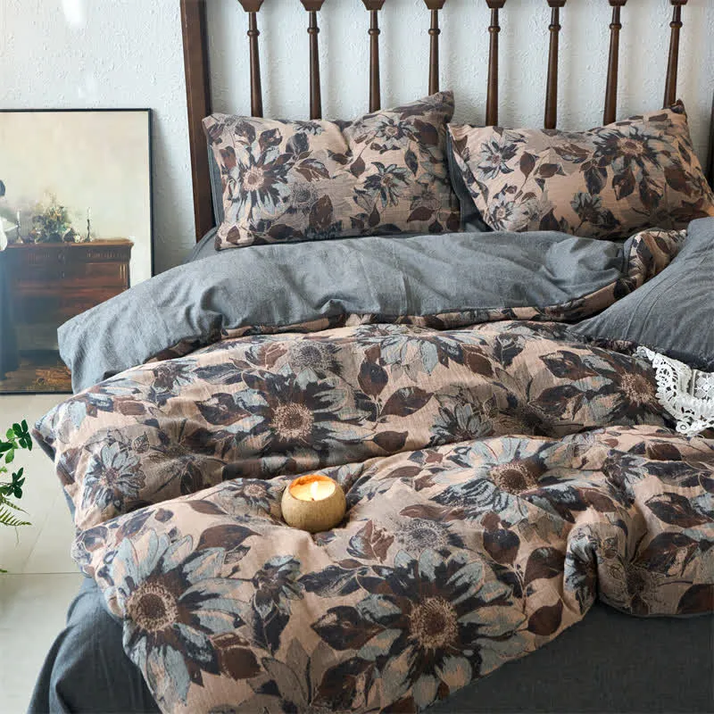 Garngefärbtes Bettwäscheset aus Baumwolle mit Jacquard-Blumenmuster (4-teilig)